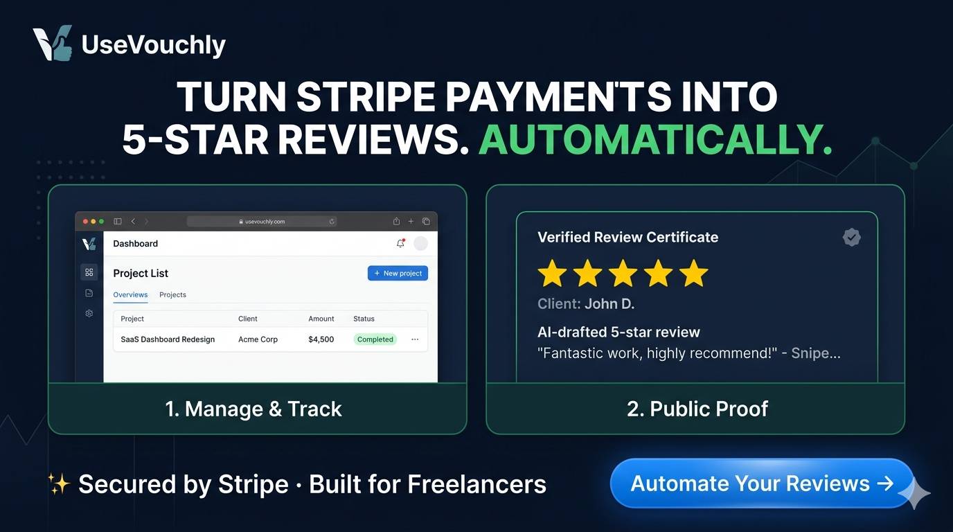 UseVouchly banner: Turn Stripe payments into 5-star reviews automatically. Features dashboard tracking and verified review certificates.