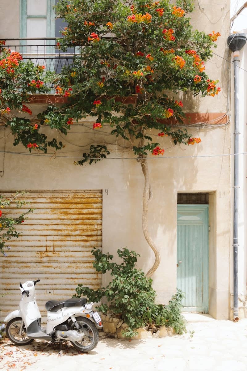 A motor scooter parked in front of a building