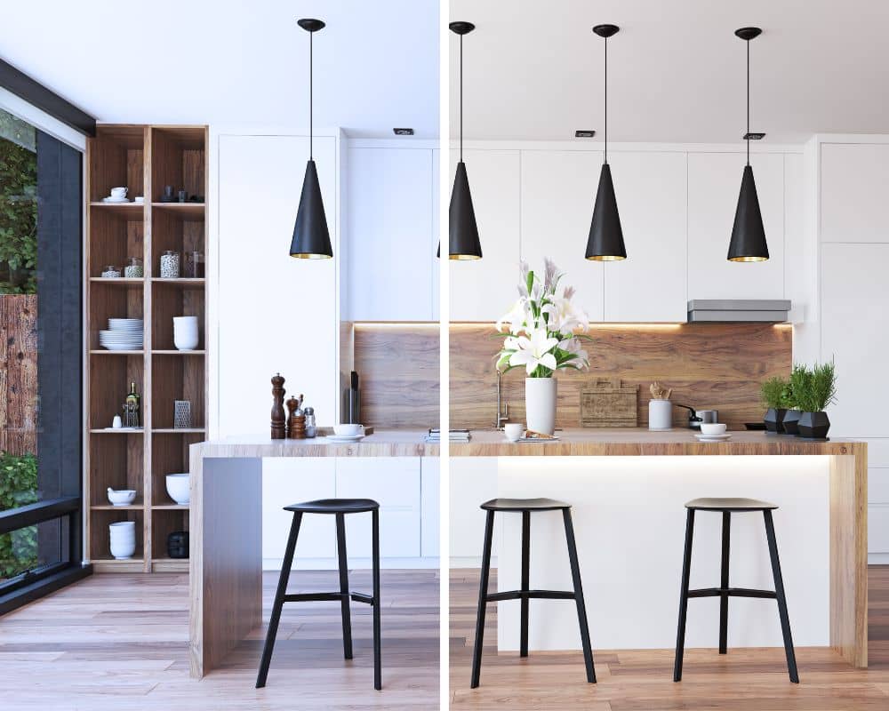 kitchen showing both cool and warm light bulbs