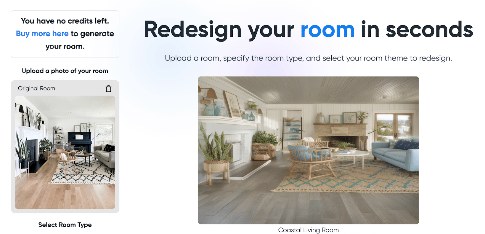 ai preview of two rooms, original on left and coastal styled living room on right
