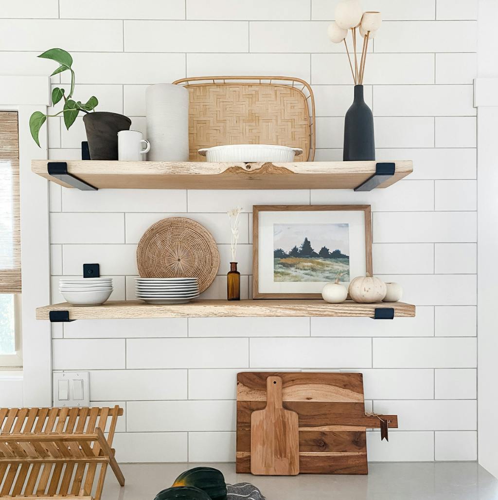 kitchen shelves with fall decor