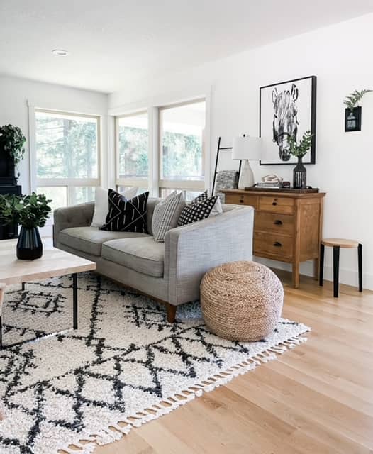 living room with area rug, gray couch, coffee table, and organic modern decor