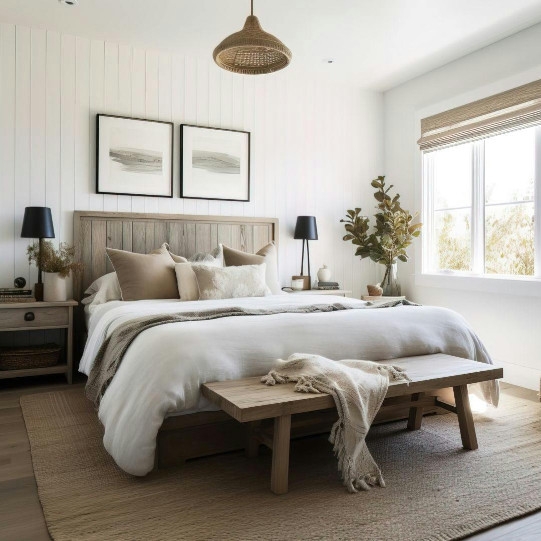 bedroom with neutral home decor