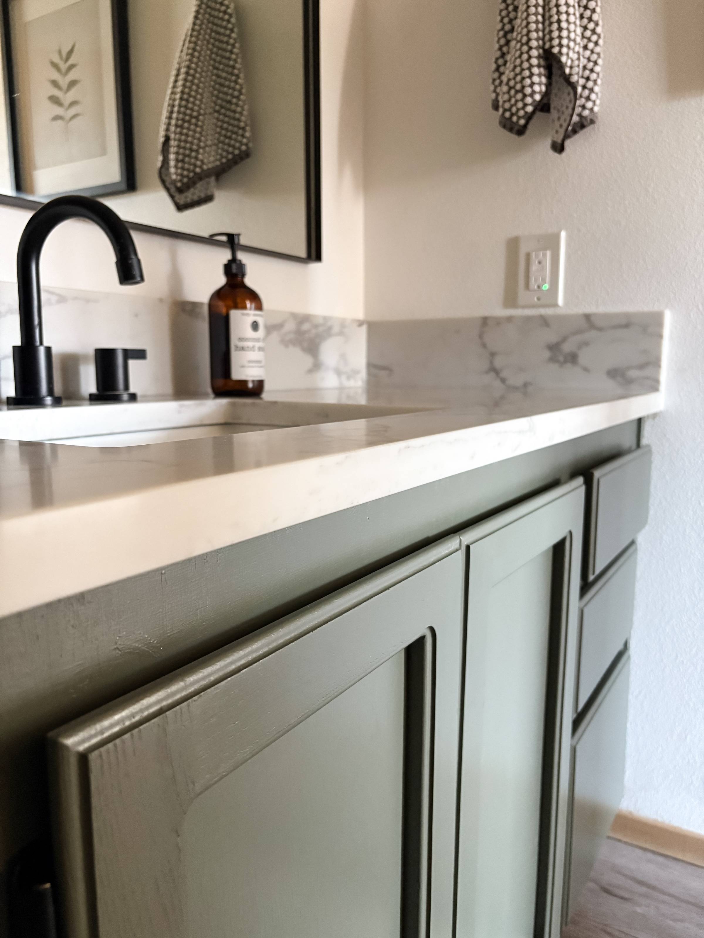 forest green bathroom cabinet vanity and white countertops
