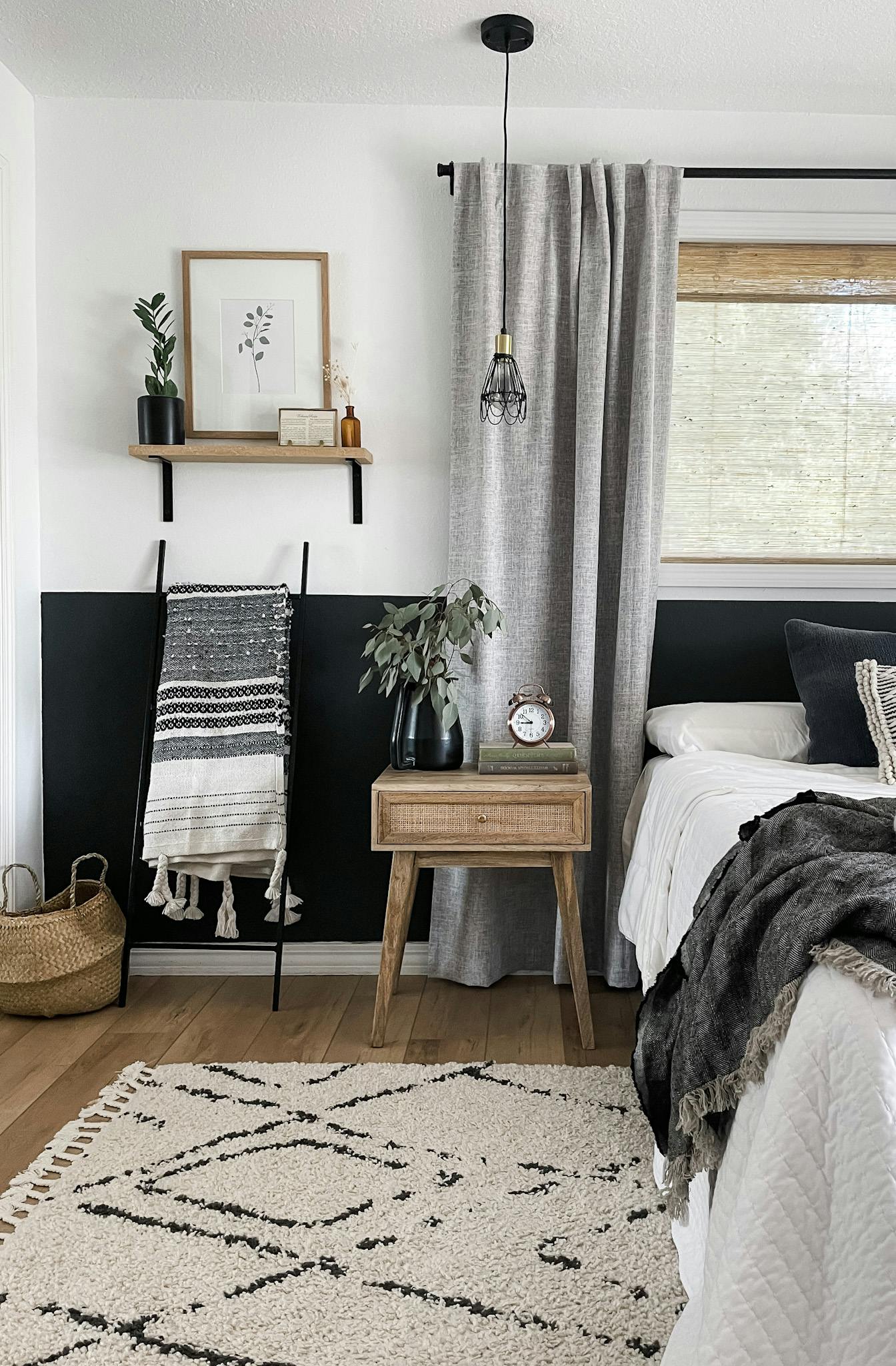 bedroom with curtains and neutral home deco