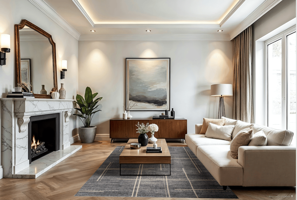 living room with couch, area rug, coffee table, fireplace, and console table