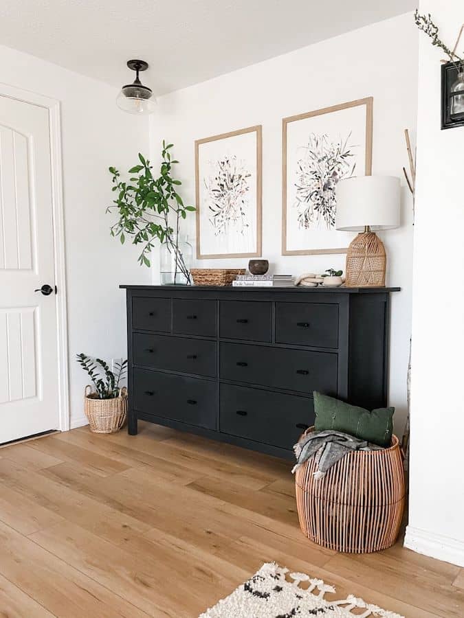 painted black dresser in bedroom