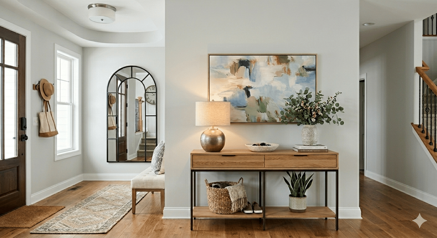 entryway with table with vase and lamp and art hung above 