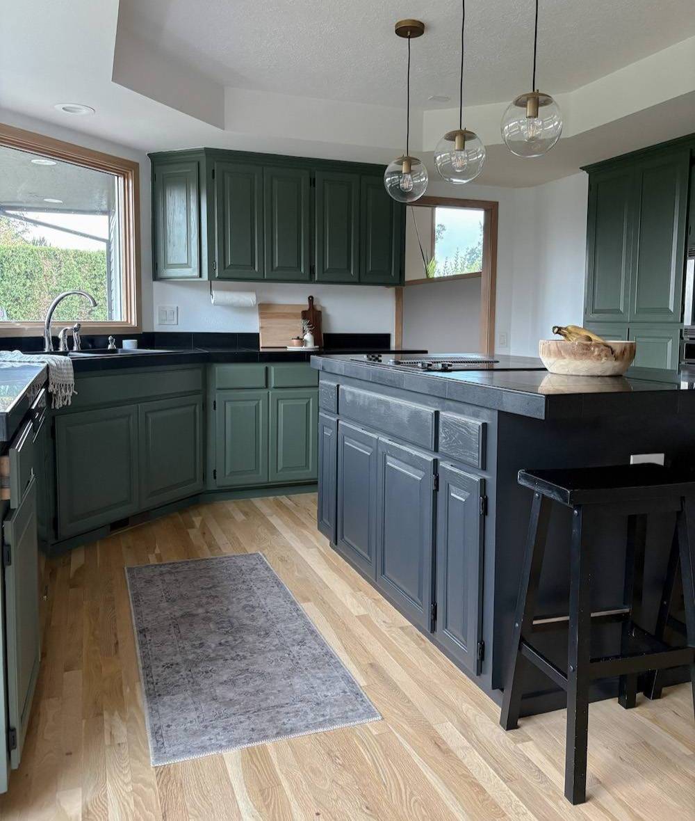 kitchen cabinets painted black and green