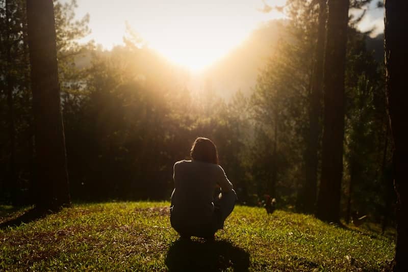 Person crouching in forest at sunset