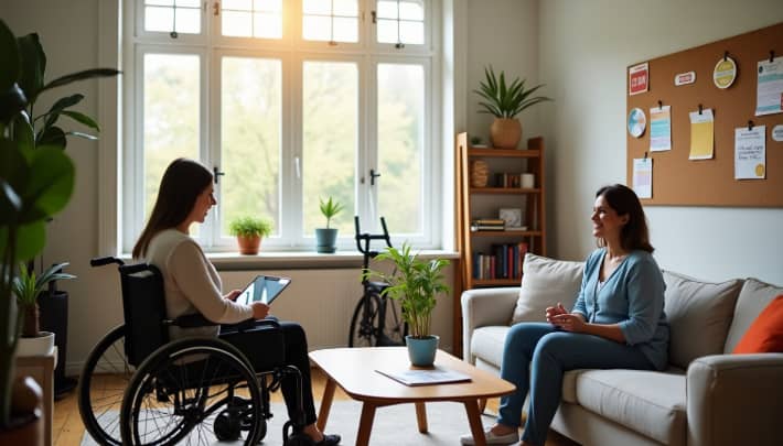 woman getting therapy from a woman therapist, woman is in wheelchair