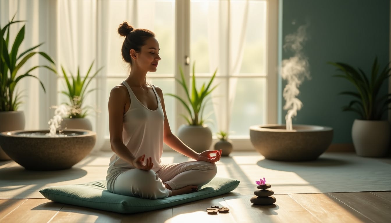 woman with chronic condition meditating and practicing mindfulness in the afternoon sunlight in her hom