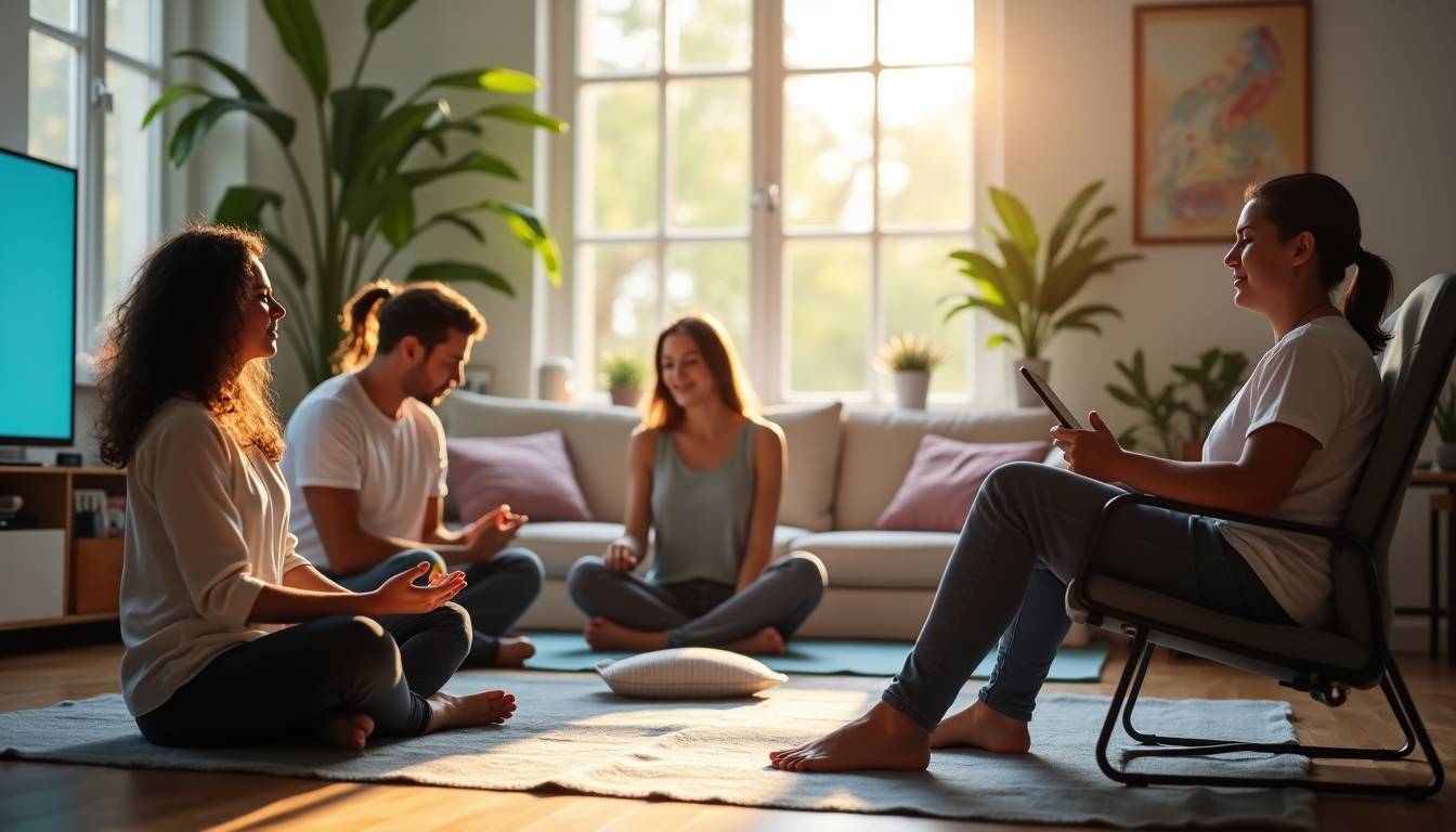 people attending a mindfulness group session together during sunset