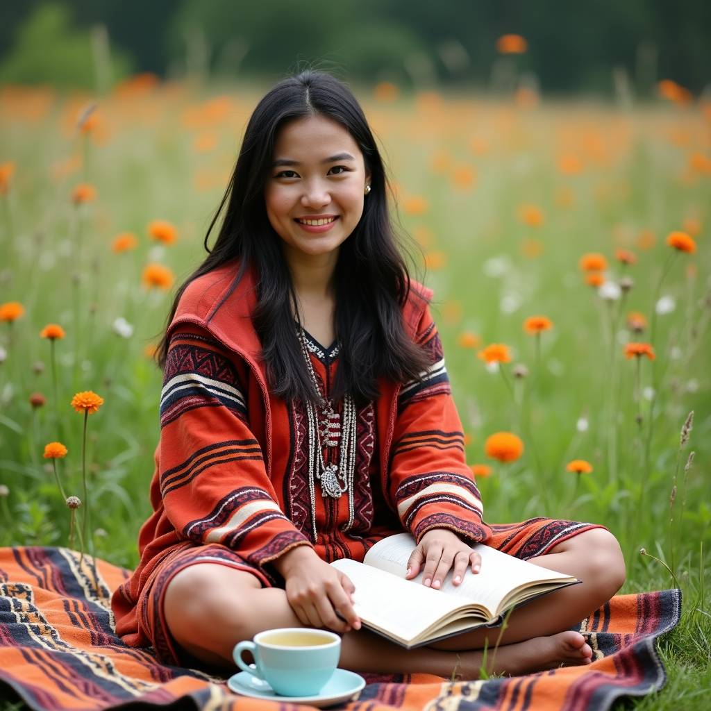 woman with chronic pain is reading and meditating in a field of flowers