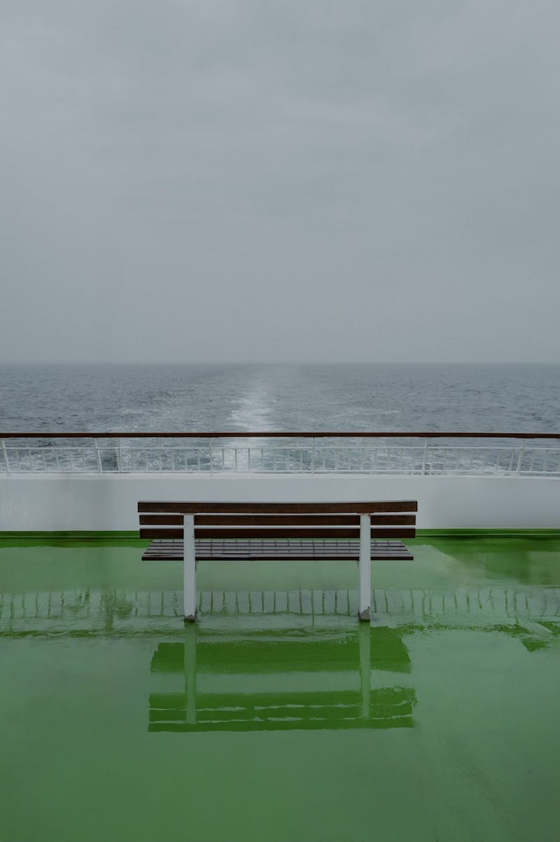 A bench sitting on top of a green floor next to the ocean