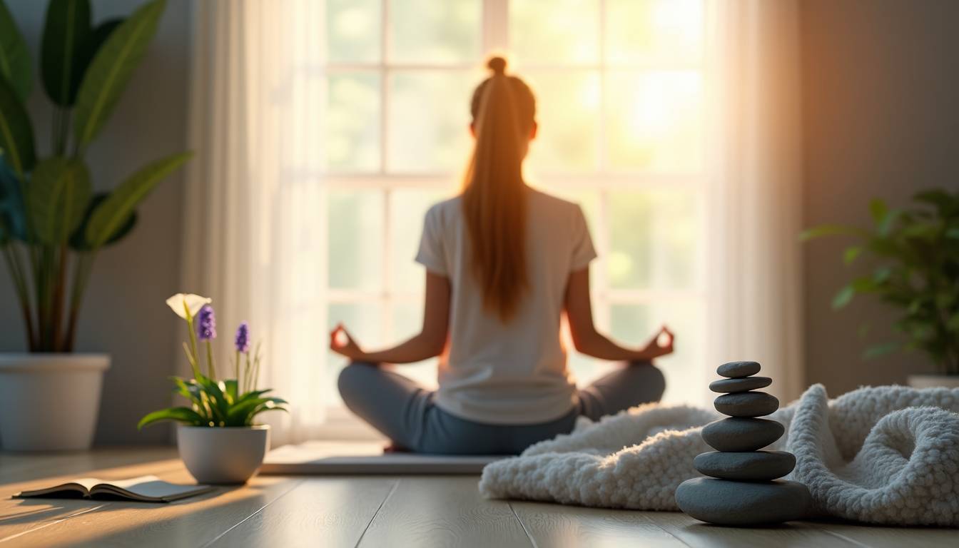 image of woman with chronic illness doing yoga to exercise her sore muscles 