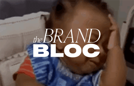 Sad baby with The Brand Bloc logo