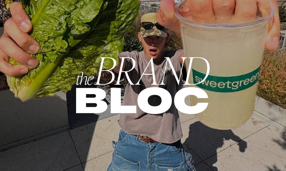Big hands holding Sweetgreen ingredients over The Brand Bloc logo