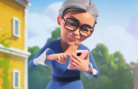 Cartoon character swiping on mobile phone.