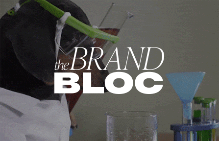 Perplexed dog with The Brand Bloc logo