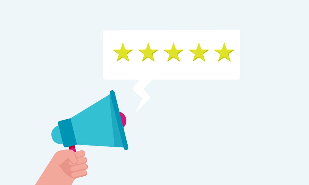Illustration a hand holding a megaphone with a 5-star review