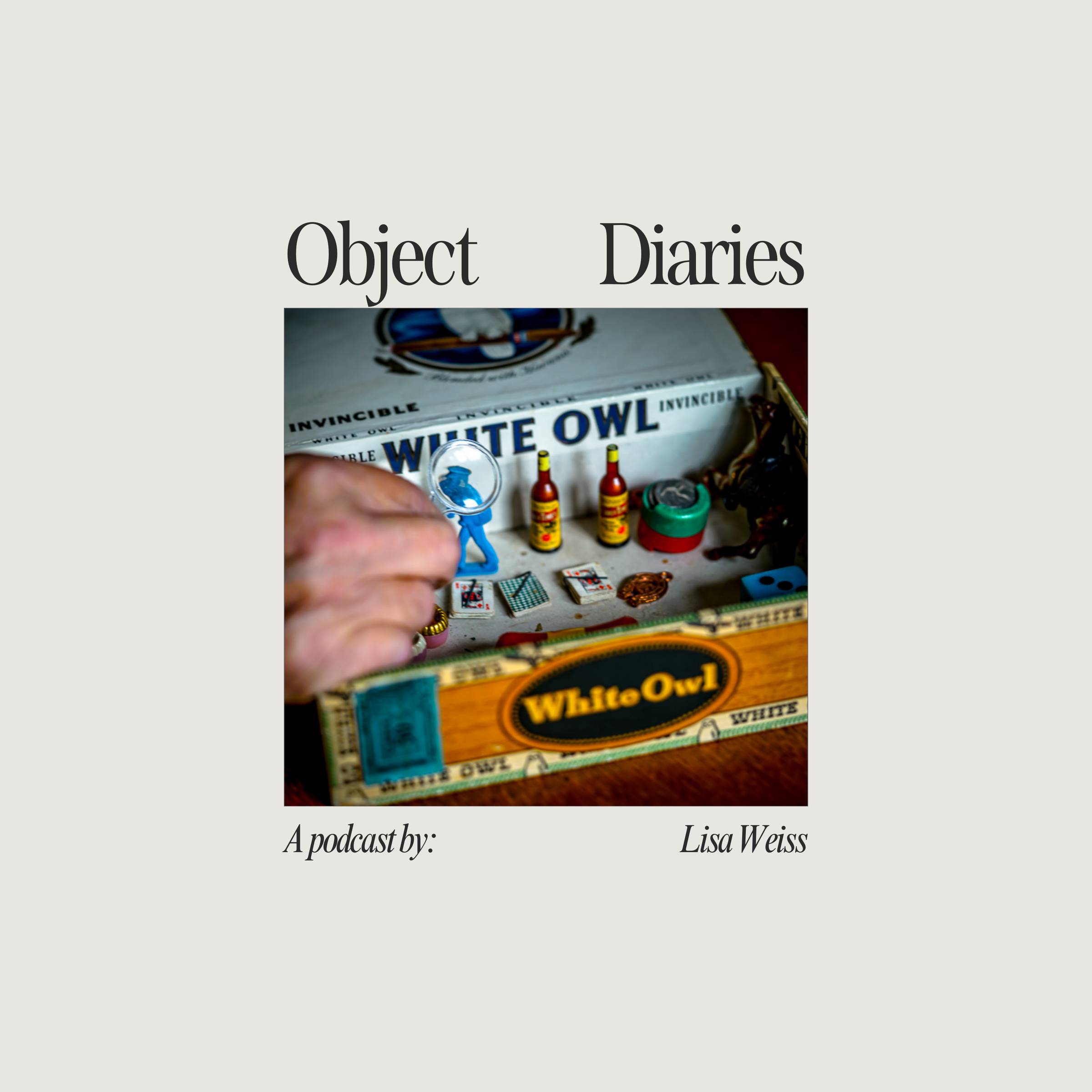 "Object Diaries" against an antique white backkground, a  green glass paperweight to the right