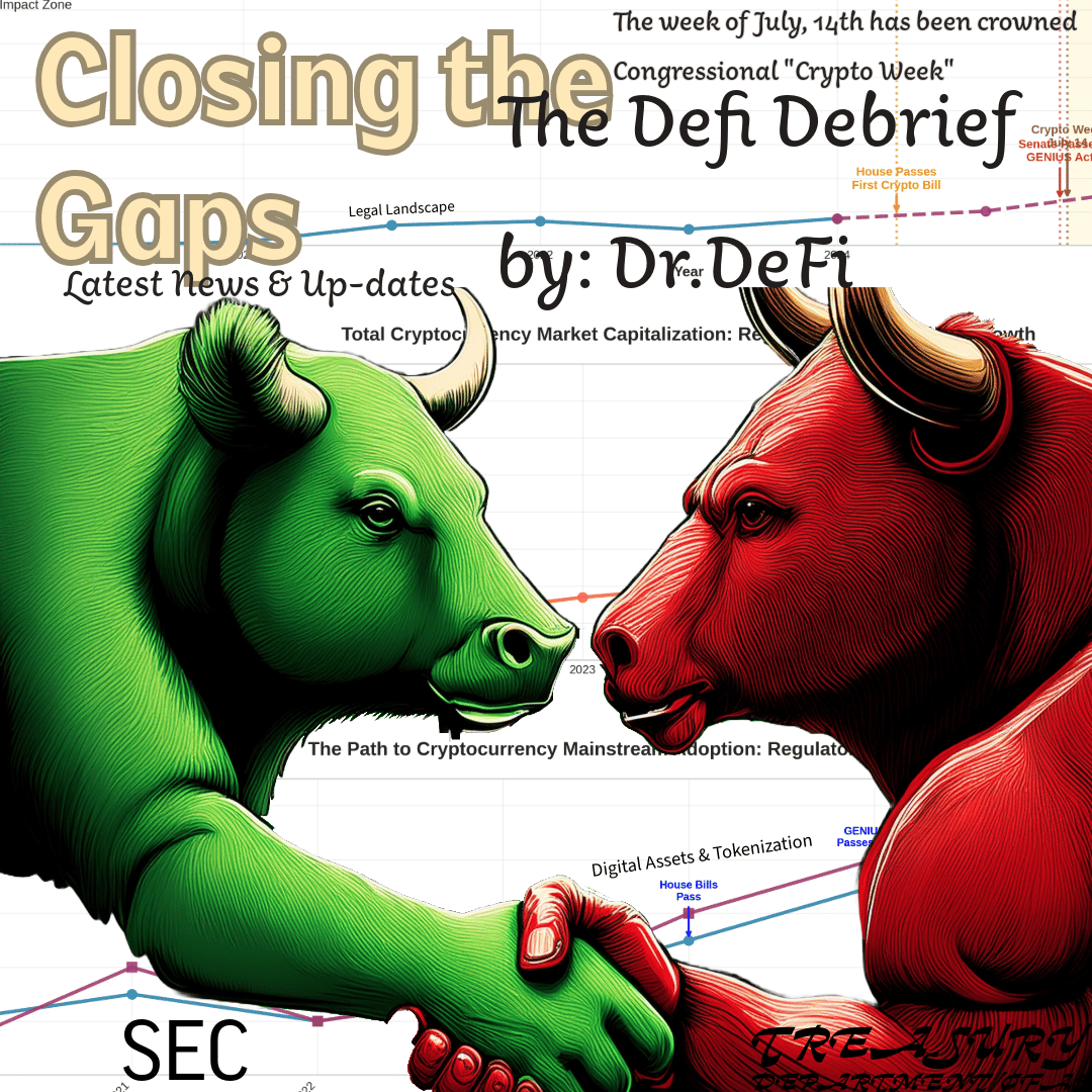 a green bull and red bear shaking hands in front of a regulatory framework graph chart. Representing Dr.DeFi's Newsletter
