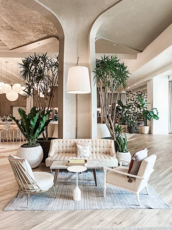 a cozy area for meetings or a friendly chat with sofas and chairs in a lush, bright lobby