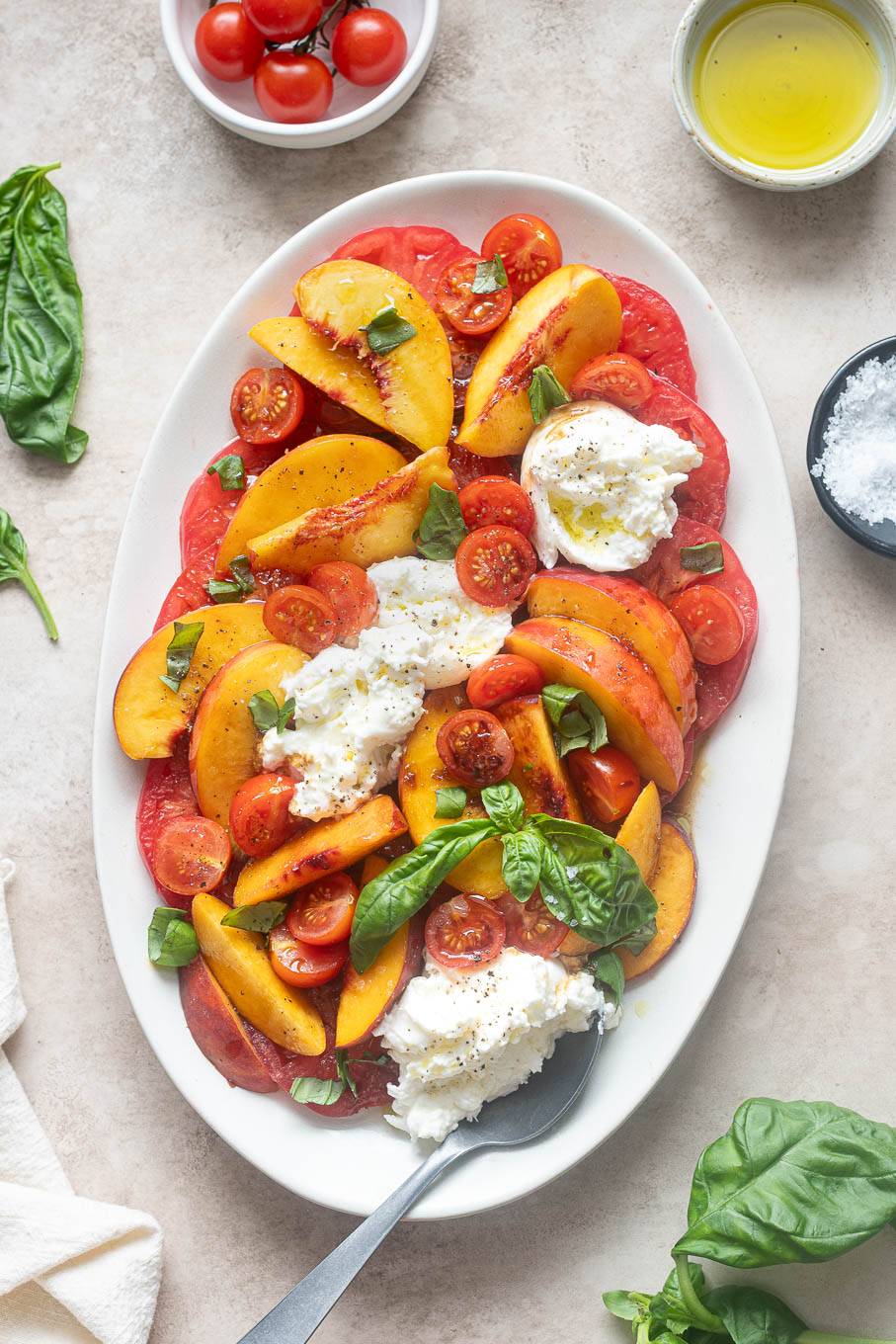 Tomato peach burrata salad