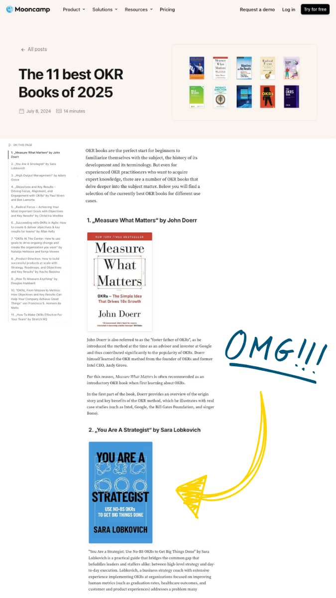 A screenshot of a web page showing "The 11 Best OKR Books of 2025" with "You Are a Strategist" right below "Measure What Matters."