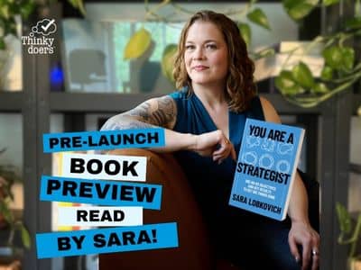 In front of a background image of my office, I'm sitting in a sofa looking sideways at the camera. Copy overlay reads: Pre-launch book preview read by Sara! With a copy of the book cover for "You Are A Strategist: Use No-BS OKRs to Get Big Things Done," w