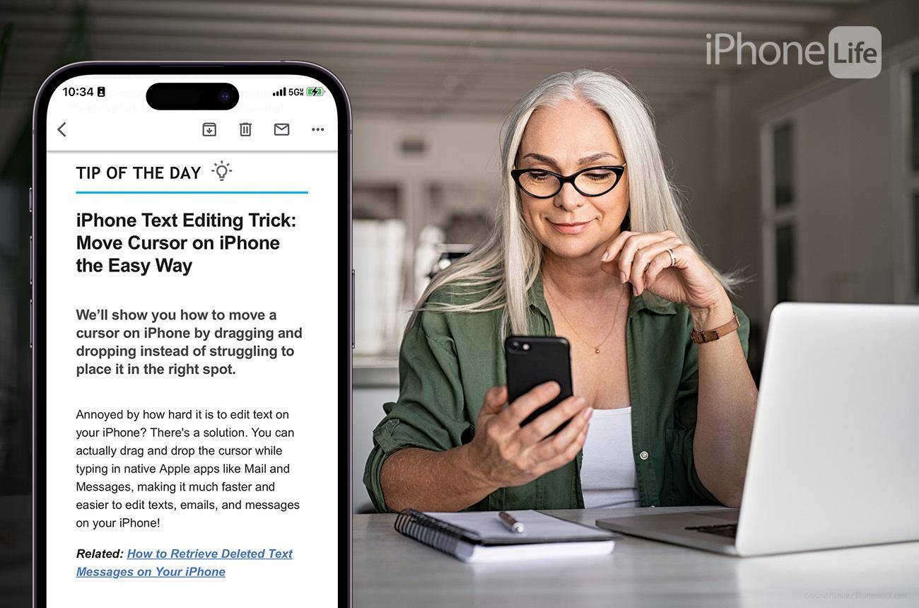 iPhone Life Tip of the Day showing an iPhone text-editing tip beside a woman using her phone and laptop.