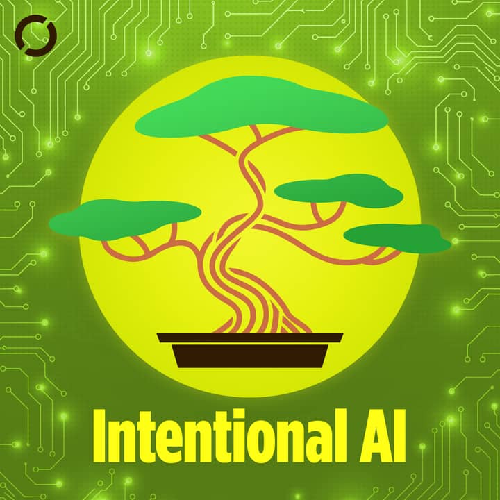 Intentional AI Show Art, a bonsai tree over a computer chip.