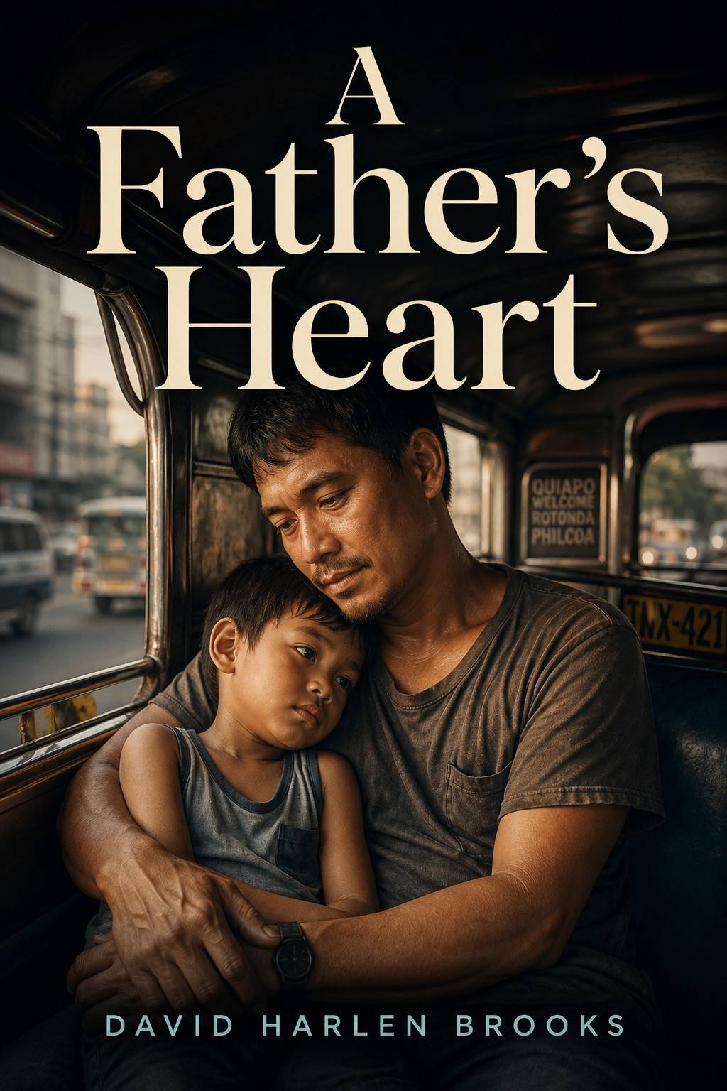 A Filipino father cradling his sick son on a jeepney.
