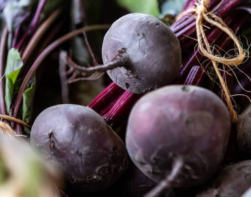 Fresh beets with green leafy tops tied with twine