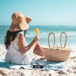 Woman sitting on beach in the spring