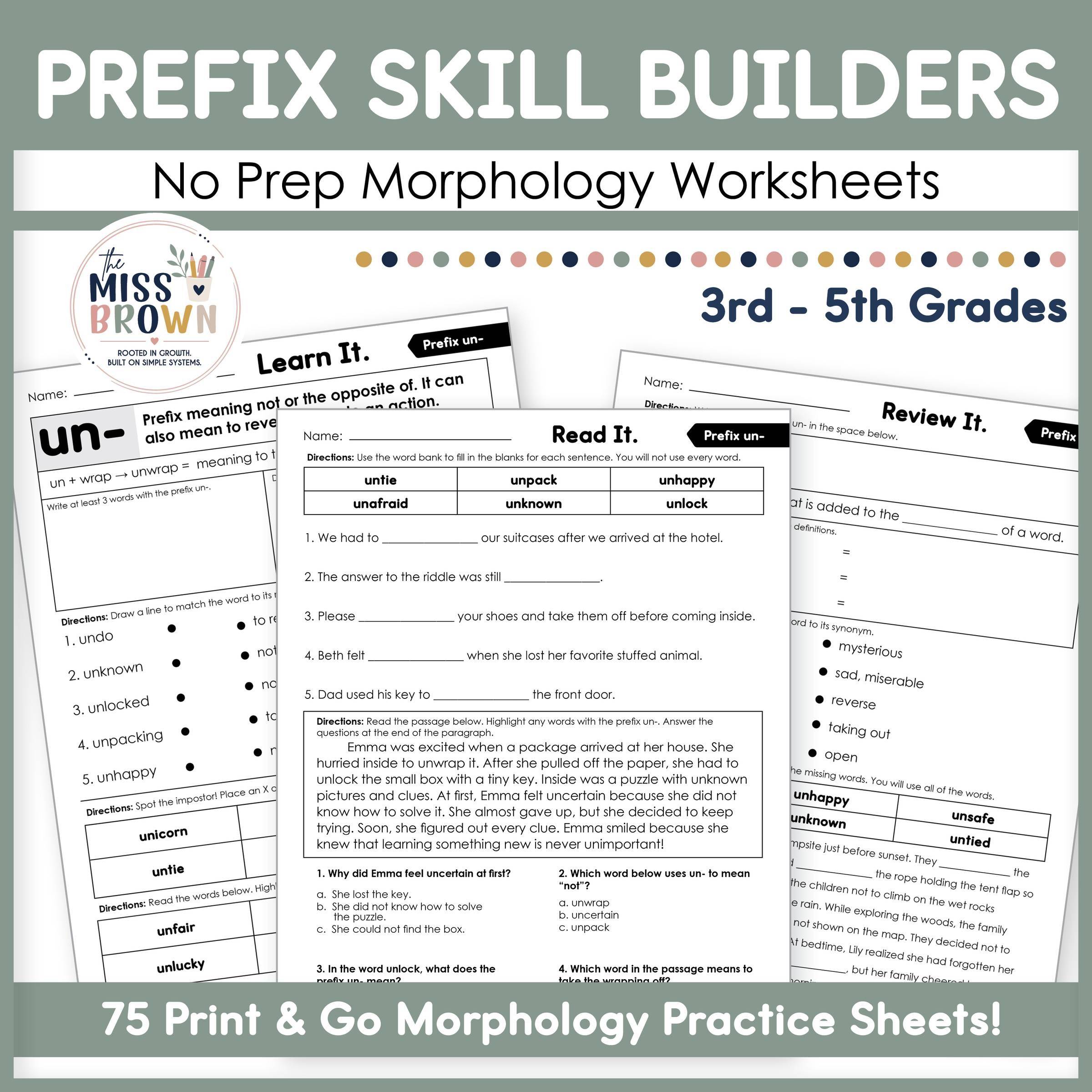 Morphology Worksheets | Prefixes Practice | No Prep 3rd 4th 5th Grade Skill Builders