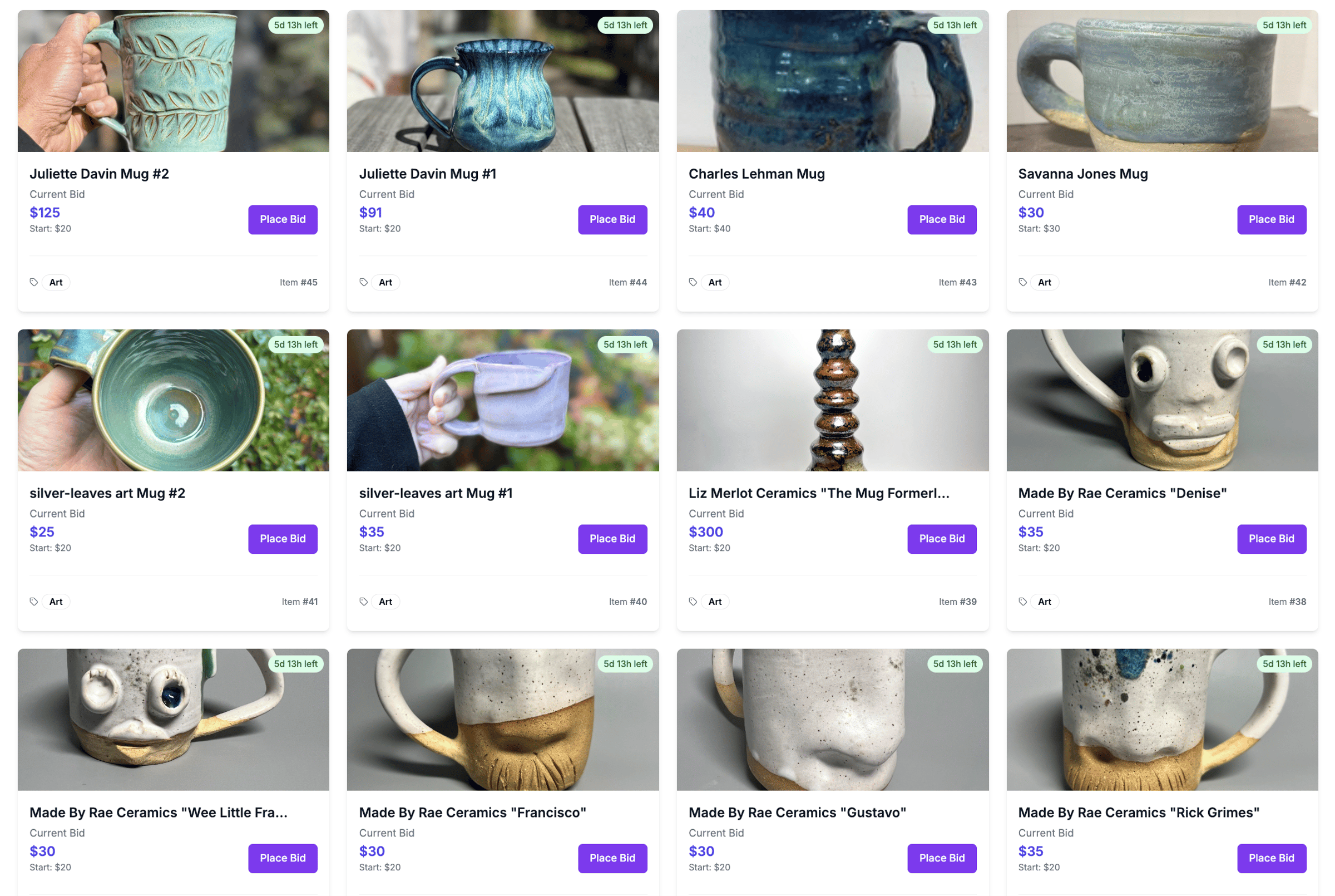 A screenshot of the mugs, including some with funny faces, some with lumpy sides, one with a lovely leaf-print texture, and more
