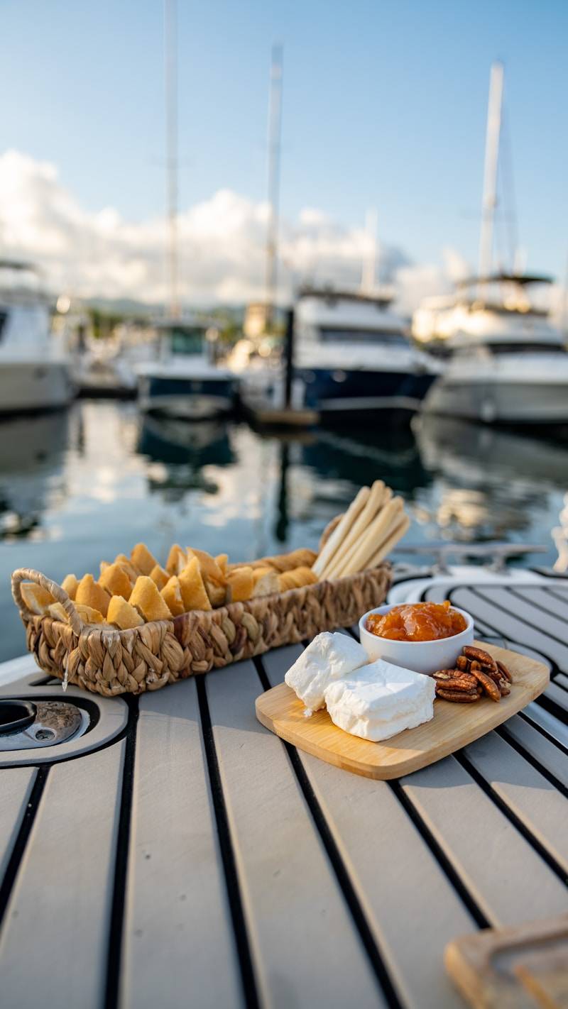 Cheese and bread board on a boat deck