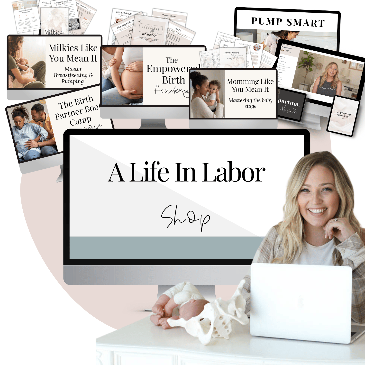 The A Life In Labor Shop Mockup includes birth courses, postpartum courses, breastfeeding courses, and newborn courses