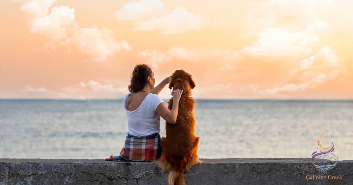 woman petting a dog watching the sunset over the ocean