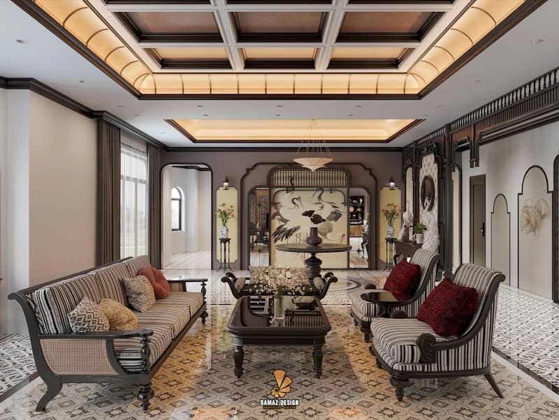 Elegant living room with ornate furniture and decorative ceiling.