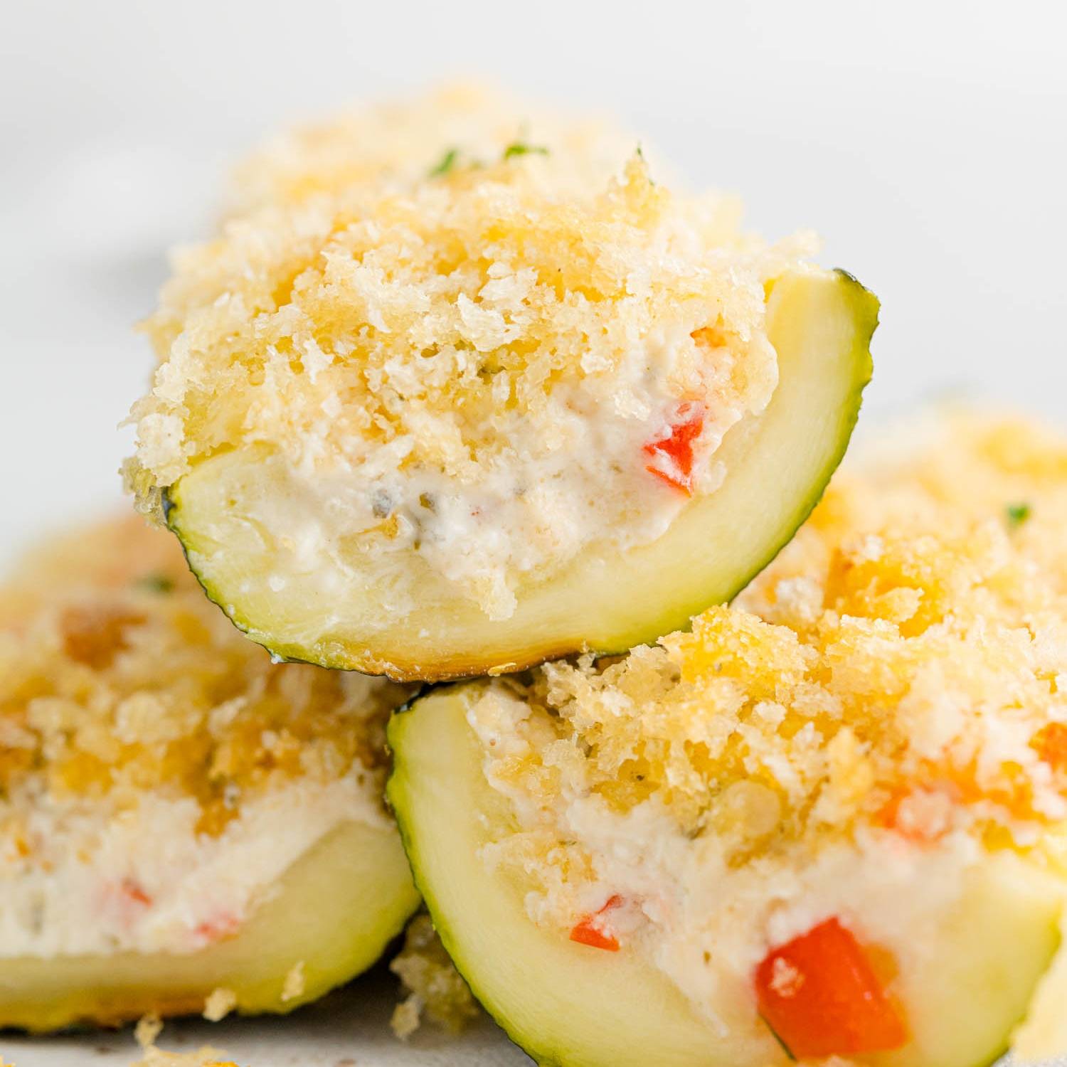 Boursin stuffed zucchini, cut to show filling.