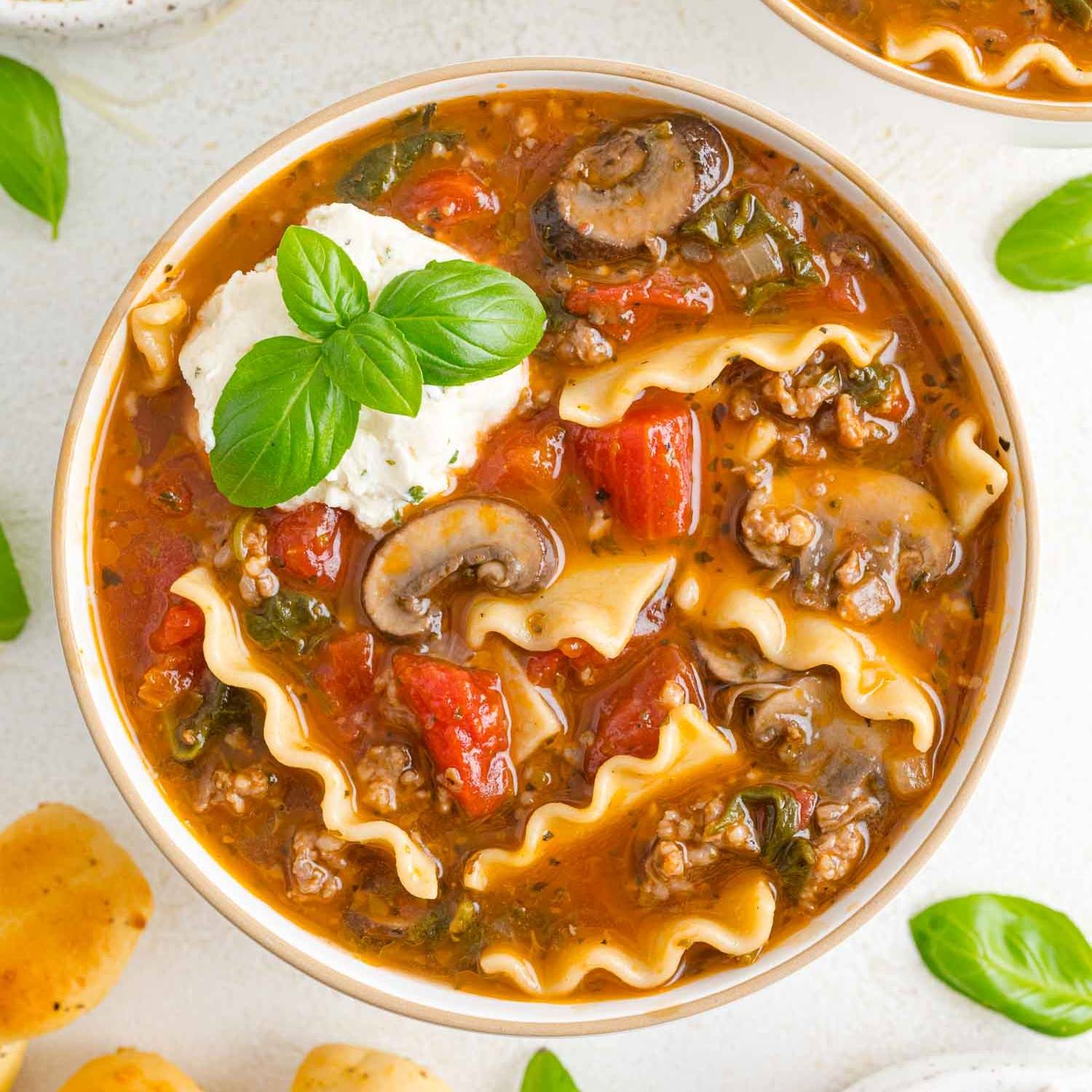 Tomato based soup with ground meat, tomatoes, mushrooms, and lasagna noodles in a bowl.