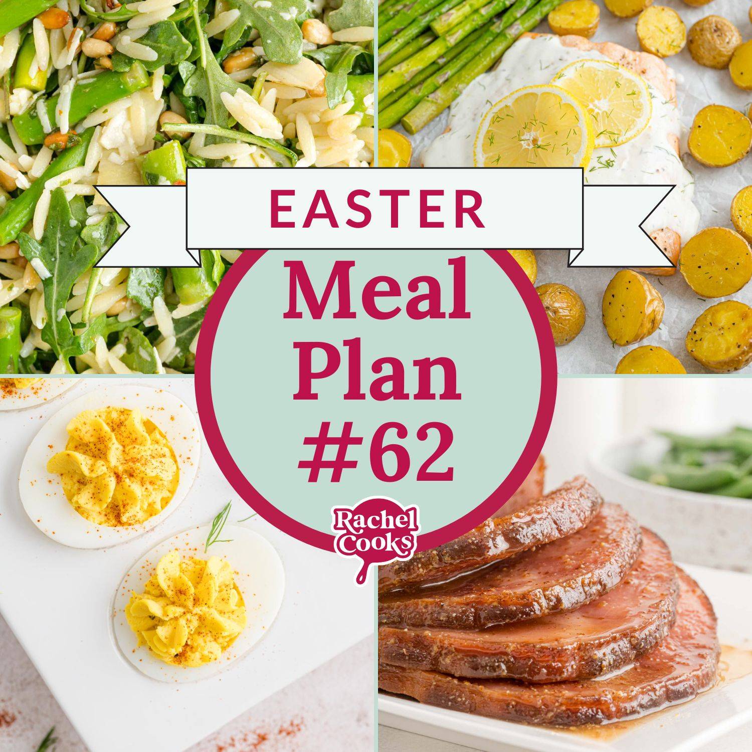 Graphic with four recipe photos and text that reads "Easter Meal Plan #62."