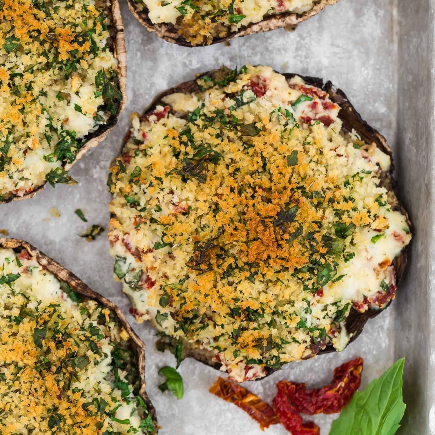 Portobello mushrooms with a creamy cheese filling and toasted breadcrumb topping.