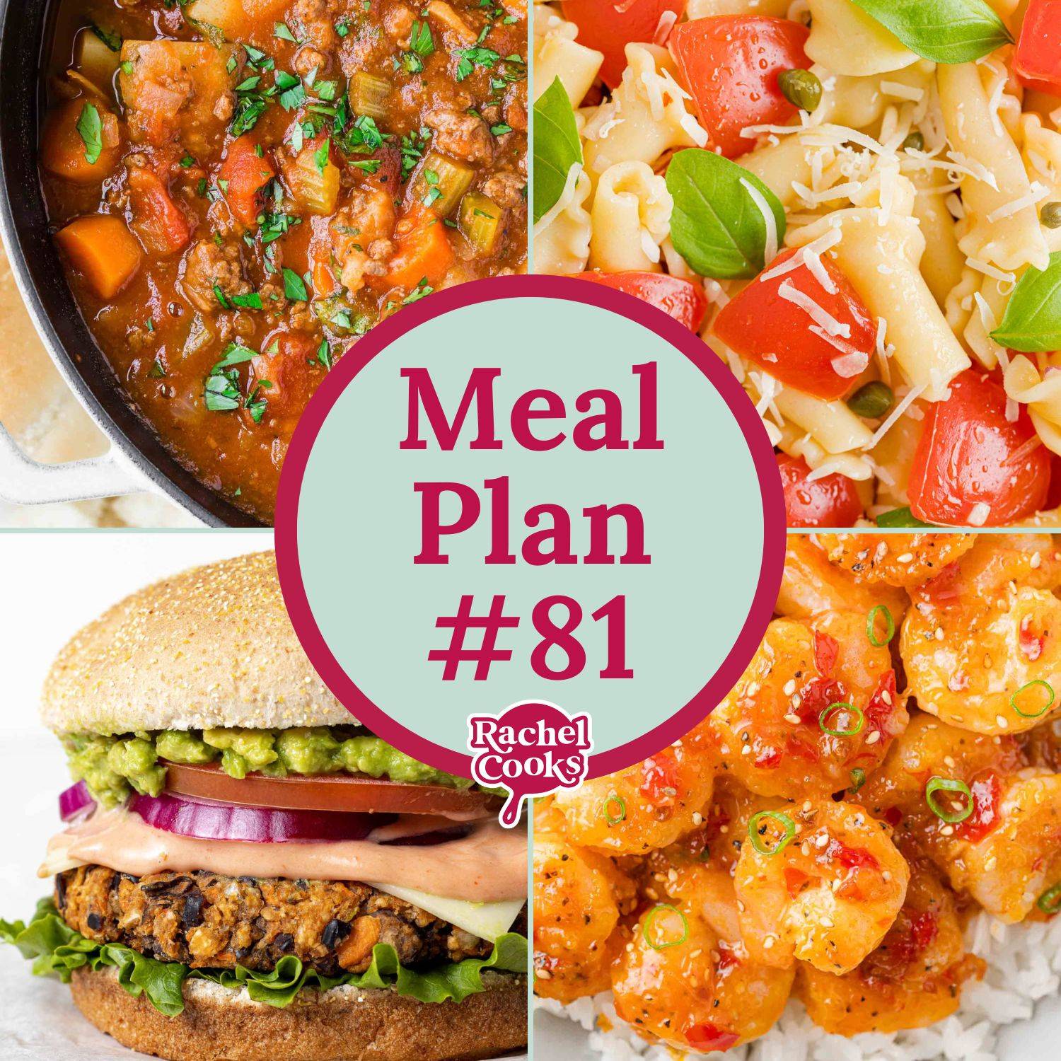 Meal plan graphic with four recipe images (soup, pasta, bean burger, shrimp), and text overlay which reads "meal plan #81."