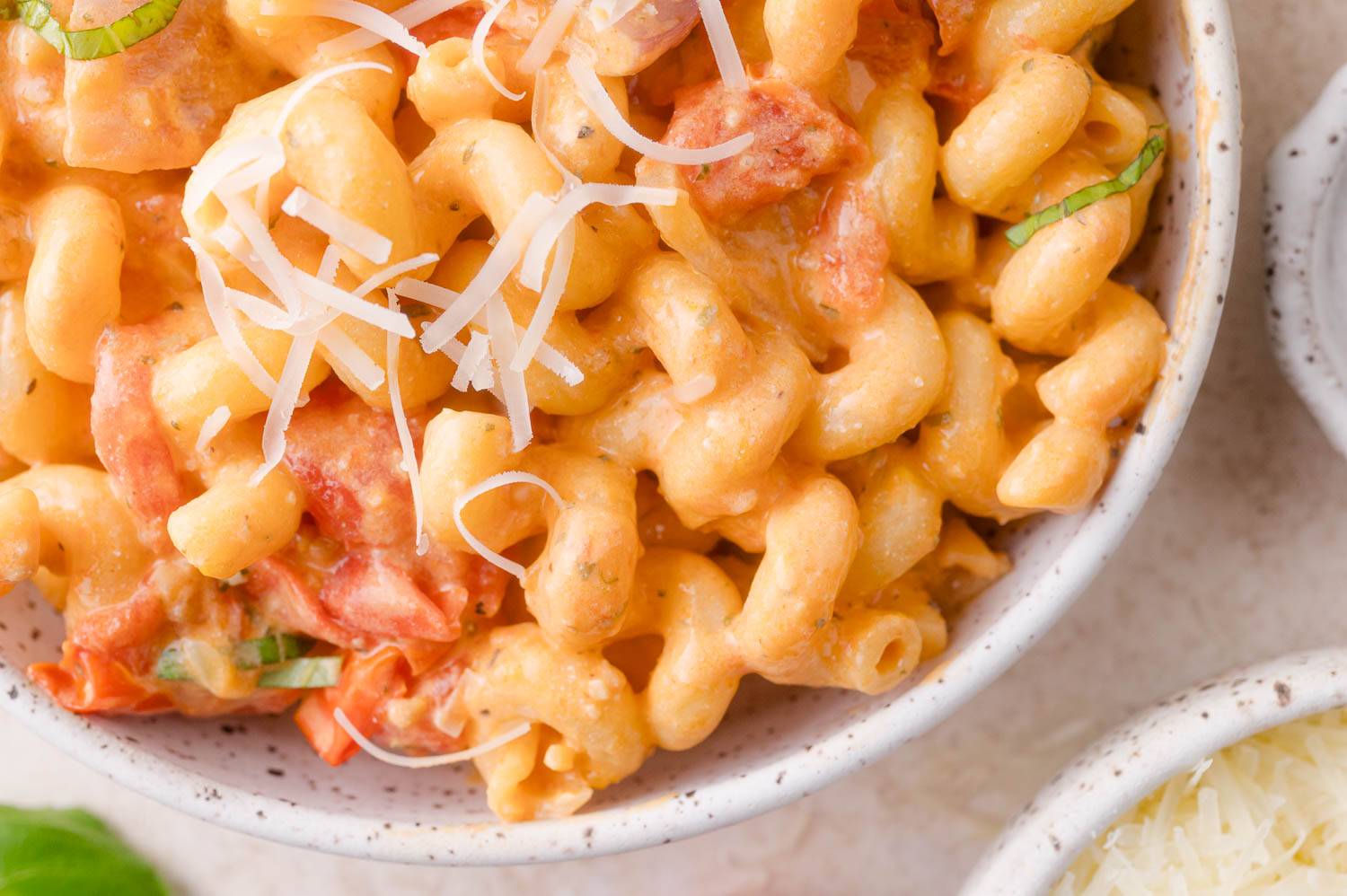 Boursin pasta in a speckled bowl. 