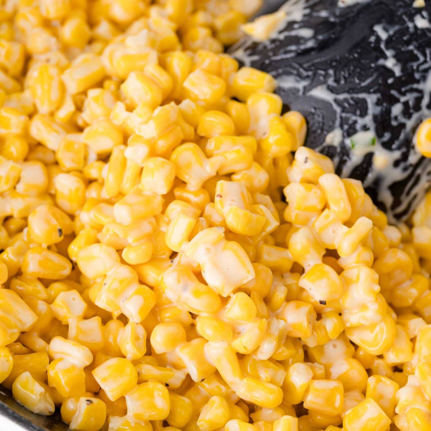 Honey Butter corn in a black skillet.