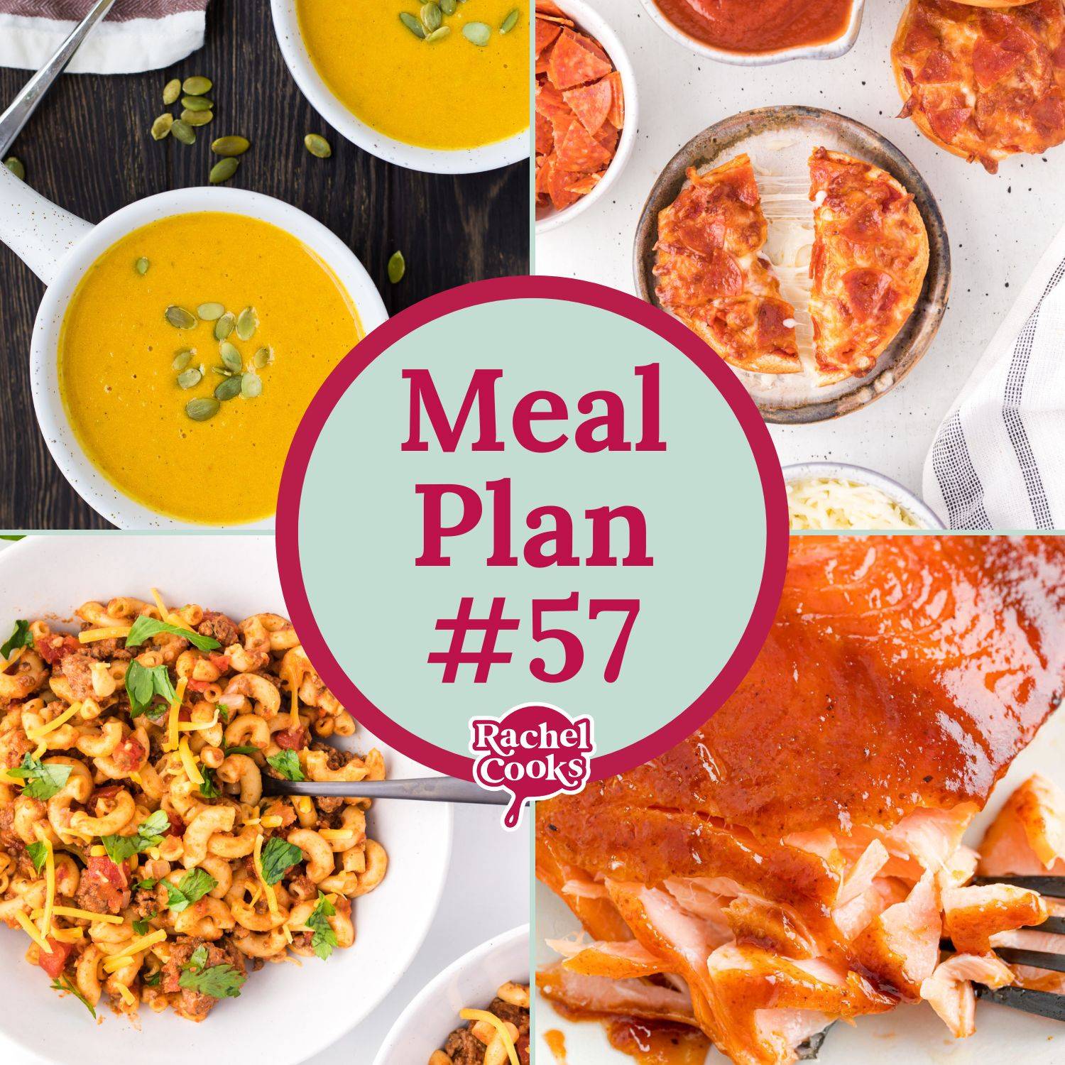 Meal plan graphic with photos of recipes included and text overlay that reads "Meal Plan 57."